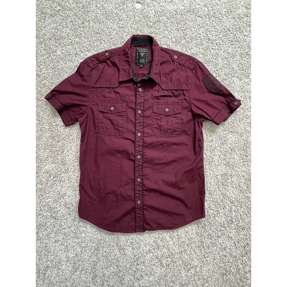 Guess Other - Guess Mens Button Up Shirt Burgundy Short Sleeve Military Style Size M Casual